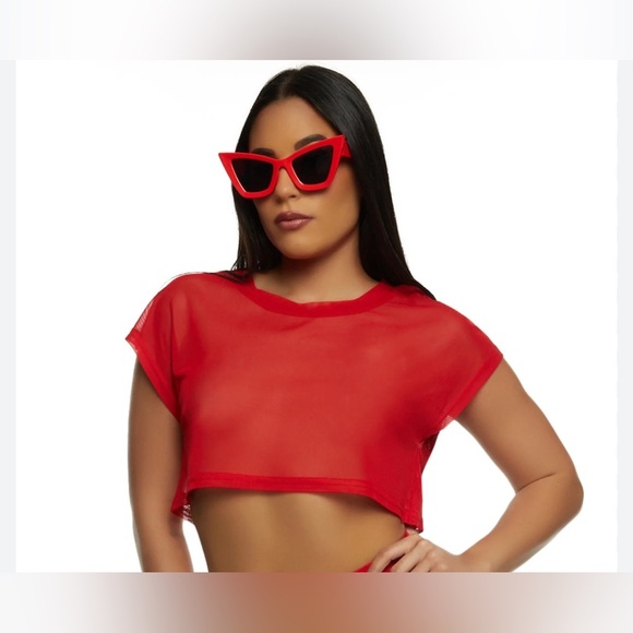 Daisy crop top mesh or net fabric crew neck red Mesh Net Crop Top size M - Picture 5 of 16
